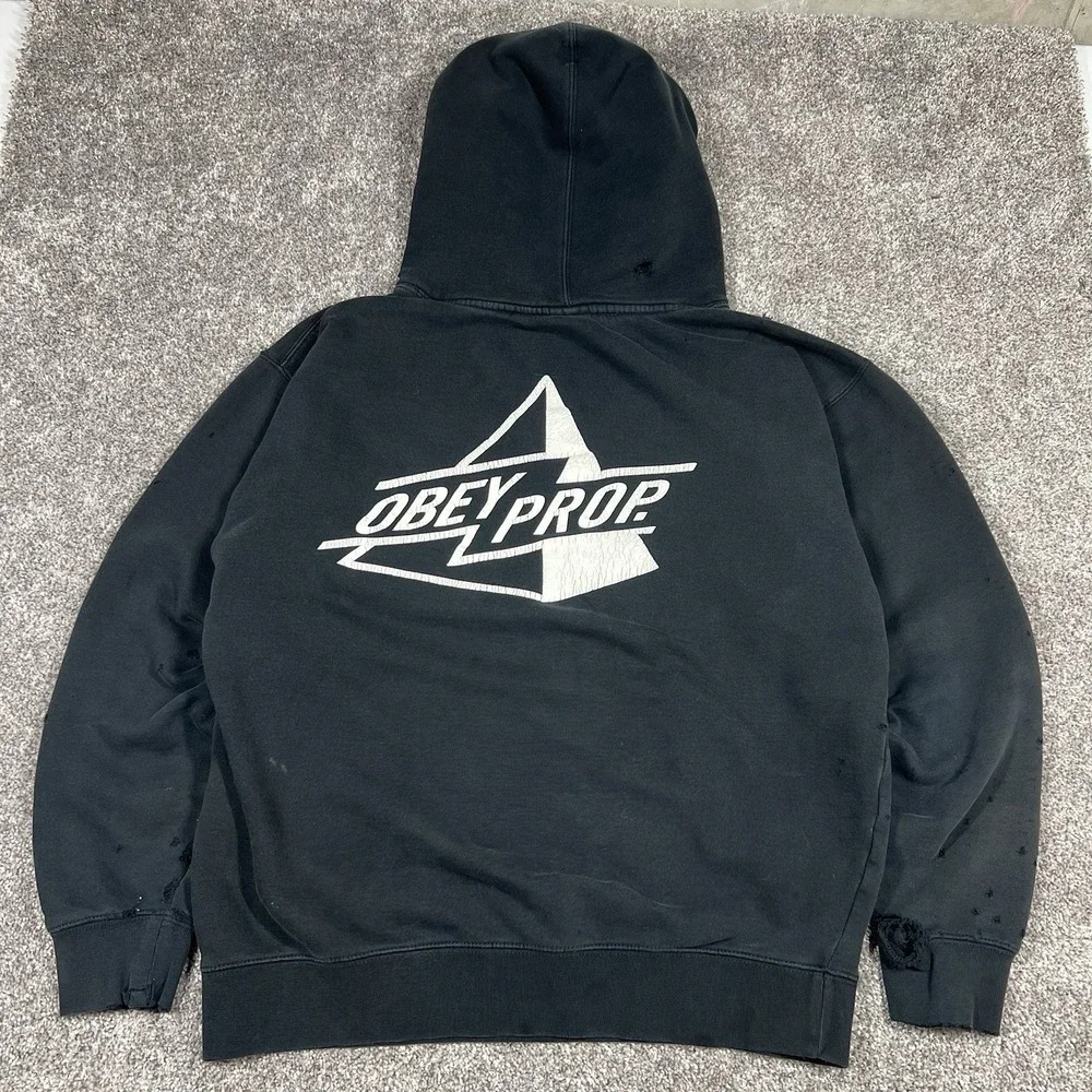 Vintage 90s Faded Black Distressed Thrashed Hoodie Mens Medium Skate Surf Obey